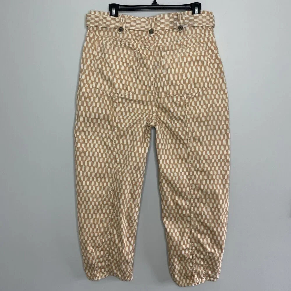 ULLA JOHNSON Waverly Printed Jeans Women 12 Tan Check Print Tapered 100% Cotton - Picture 10 of 14